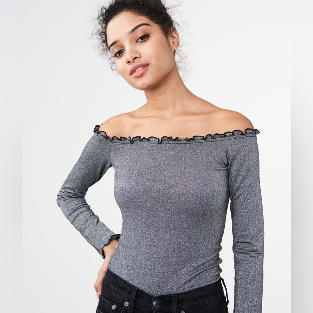 Aeropostale Long Sleeve Sparkle Lettuce-Trim Off-The-Shoulder Top
